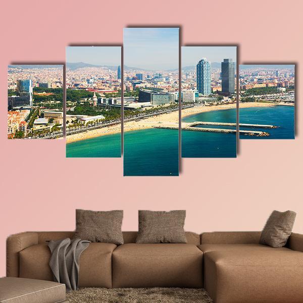 Aerial View Of Barcelona Canvas Wall Art-5 Star-Gallery Wrap-62" x 32"-Tiaracle
