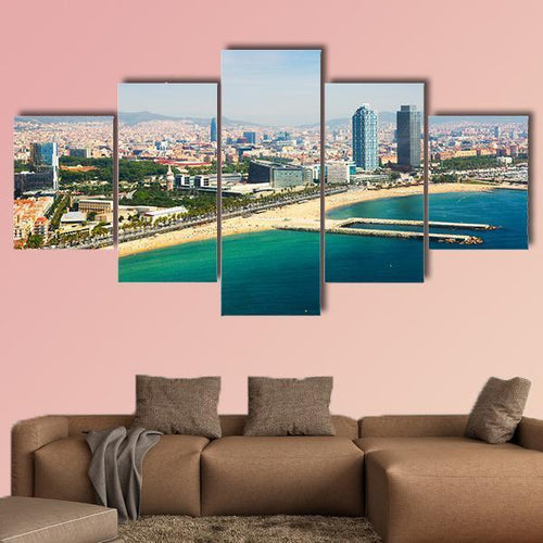 Aerial View Of Barcelona Canvas Wall Art-5 Star-Gallery Wrap-62" x 32"-Tiaracle