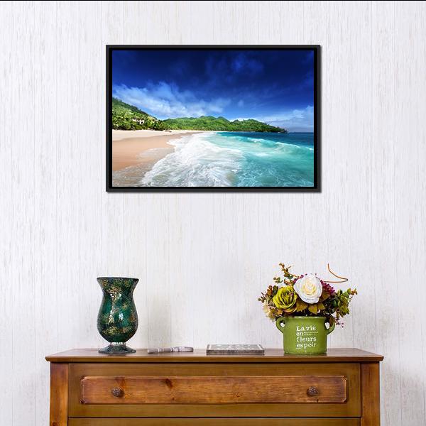 Beach At Mahe island Seychelles Canvas Wall Art-1 Piece-Floating Frame-24" x 16"-Tiaracle