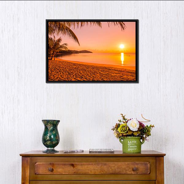 Beach At Sunrise Time Canvas Wall Art-1 Piece-Floating Frame-24" x 16"-Tiaracle