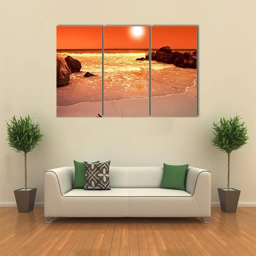Beach At Sunset Canvas Wall Art-3 Horizontal-Gallery Wrap-37" x 24"-Tiaracle