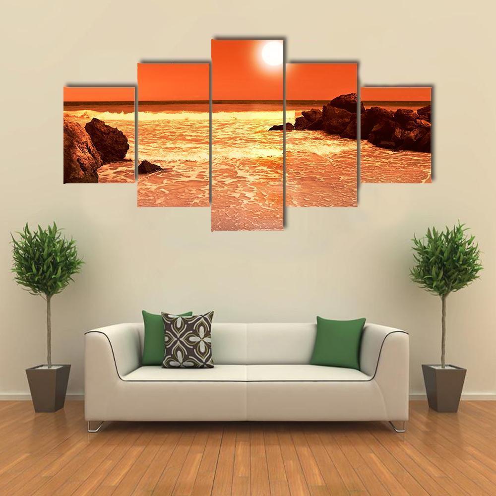 Beach At Sunset Canvas Wall Art-5 Star-Gallery Wrap-62" x 32"-Tiaracle