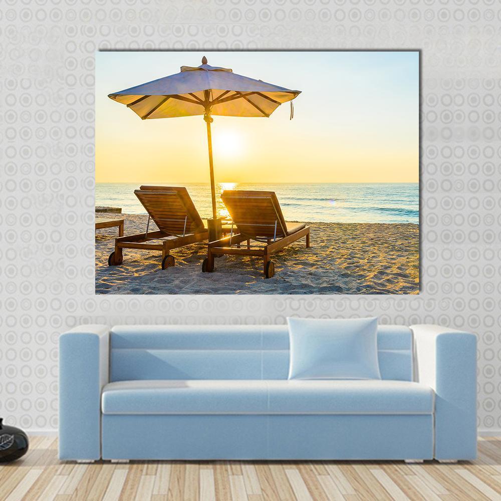 Beach Bed With Sun Flare Canvas Wall Art-4 Horizontal-Gallery Wrap-34" x 24"-Tiaracle