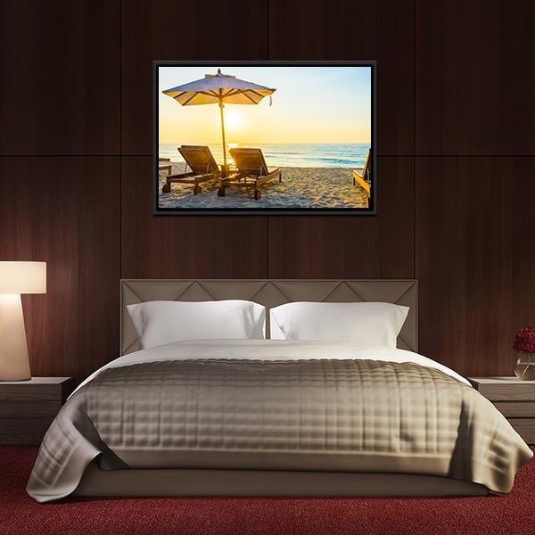 Beach Bed With Sun Flare Canvas Wall Art-3 Horizontal-Gallery Wrap-25" x 16"-Tiaracle