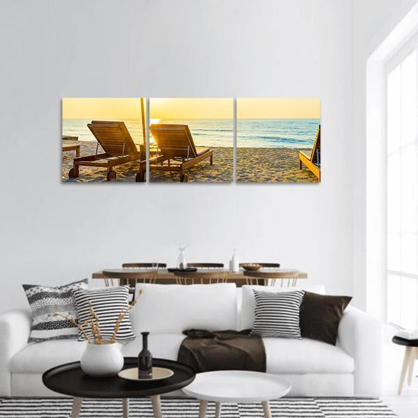 Beach Bed With Sun Flare Panoramic Canvas Wall Art-3 Piece-25" x 08"-Tiaracle