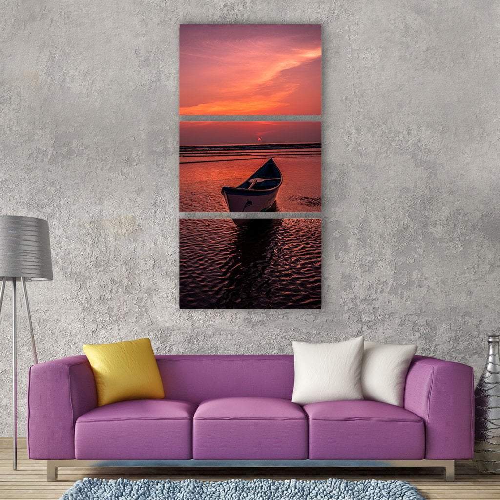 Boat At Sunset In Sea Vertical Canvas Wall Art-3 Vertical-Gallery Wrap-12" x 25"-Tiaracle