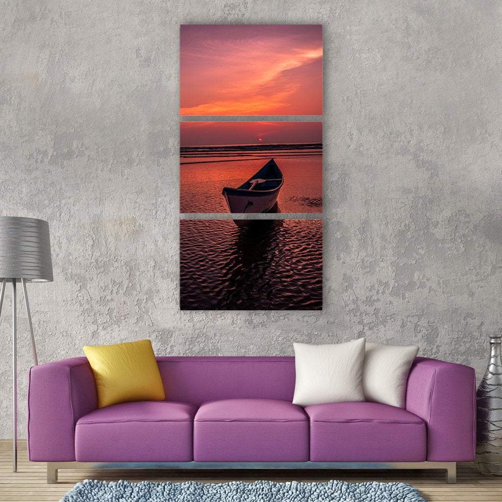 Boat At Sunset In Sea Vertical Canvas Wall Art-1 Vertical-Gallery Wrap-12" x 24"-Tiaracle