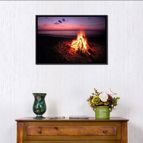 Beach Campfire On Lake Canvas Wall Art-1 Piece-Floating Frame-24" x 16"-Tiaracle
