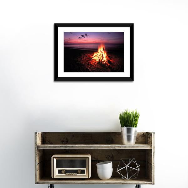 Beach Campfire On Lake Canvas Wall Art-1 Piece-Framed Print-20" x 16"-Tiaracle