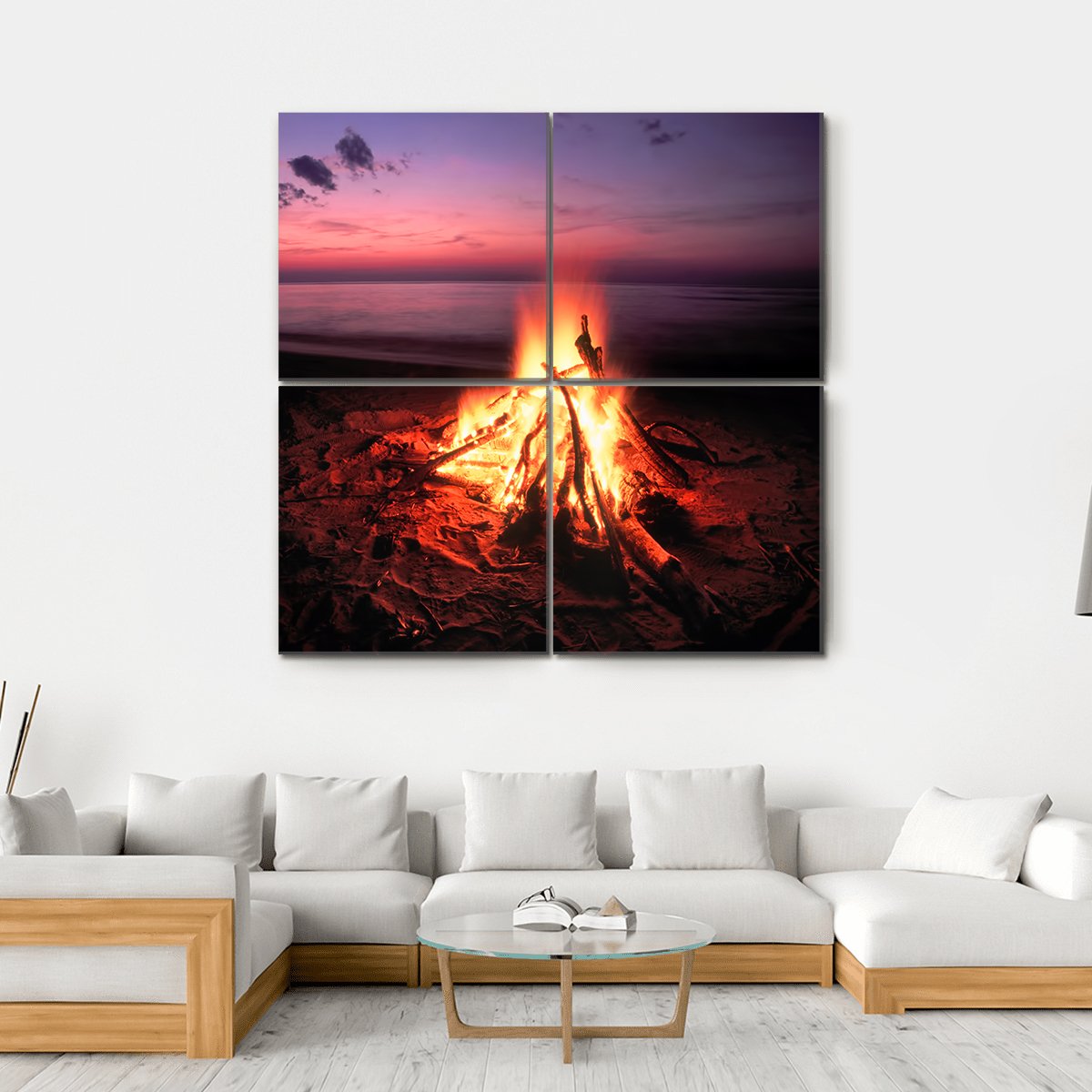 Beach Campfire On Lake Canvas Wall Art-4 Square-Gallery Wrap-17" x 17"-Tiaracle