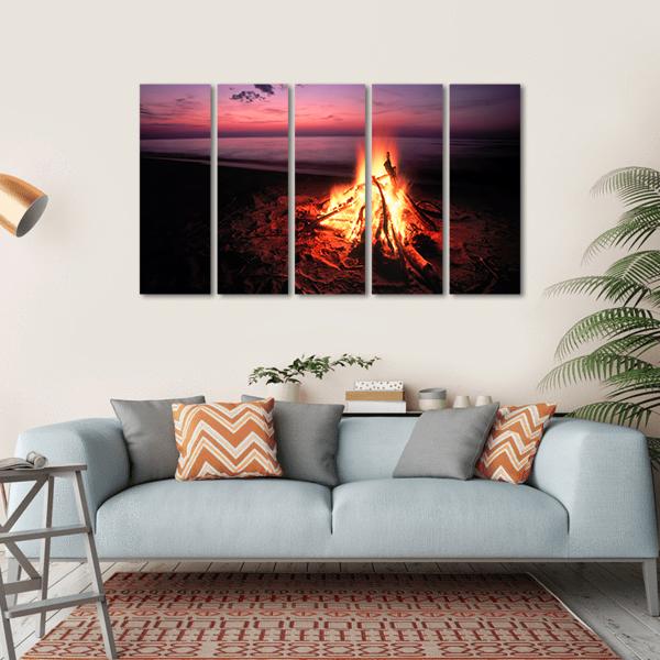 Beach Campfire On Lake Canvas Wall Art-5 Horizontal-Gallery Wrap-22" x 12"-Tiaracle