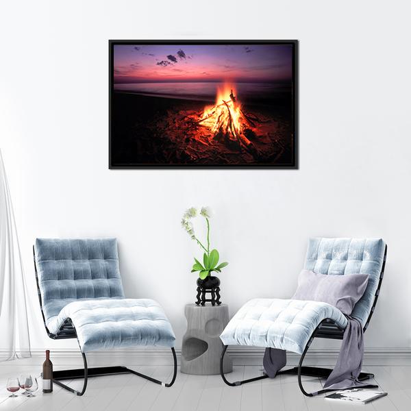 Beach Campfire On Lake Canvas Wall Art-3 Horizontal-Gallery Wrap-25" x 16"-Tiaracle