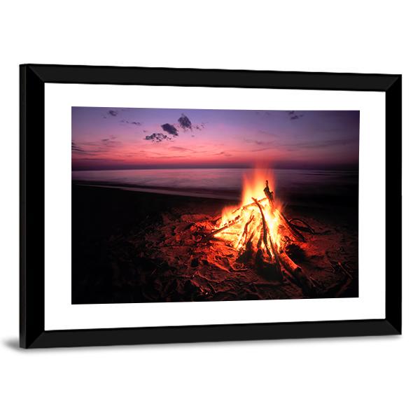 Beach Campfire On Lake Panoramic Canvas Wall Art-1 Piece-36" x 12"-Tiaracle