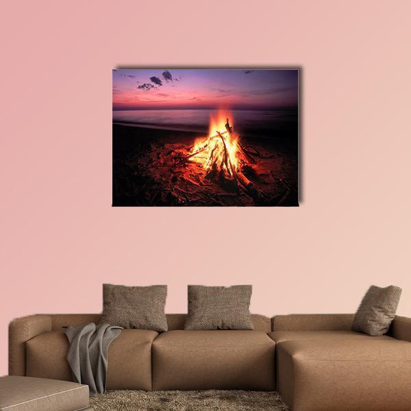 Beach Campfire On Lake Canvas Wall Art-1 Piece-Gallery Wrap-48" x 32"-Tiaracle