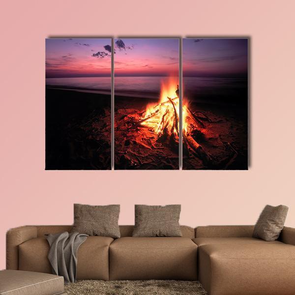 Beach Campfire On Lake Canvas Wall Art-3 Horizontal-Gallery Wrap-37" x 24"-Tiaracle
