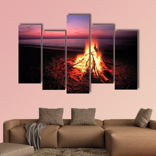 Beach Campfire On Lake Canvas Wall Art-5 Pop-Gallery Wrap-47" x 32"-Tiaracle