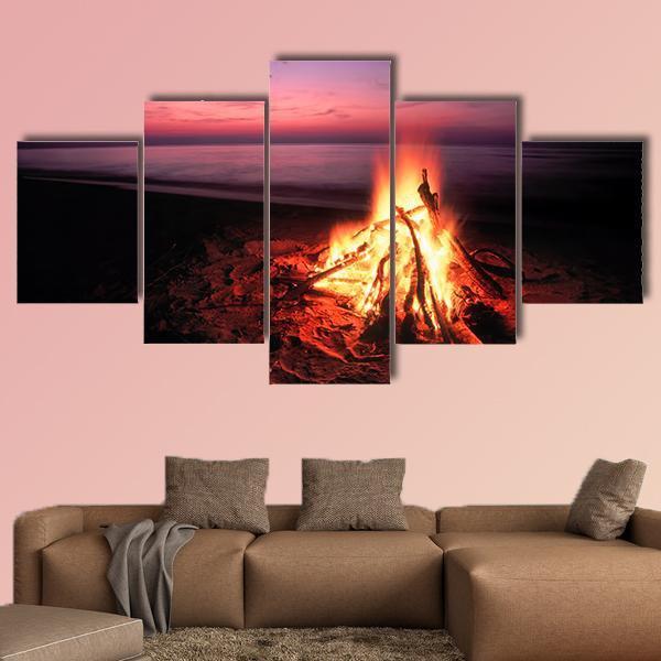 Beach Campfire On Lake Canvas Wall Art-5 Star-Gallery Wrap-62" x 32"-Tiaracle