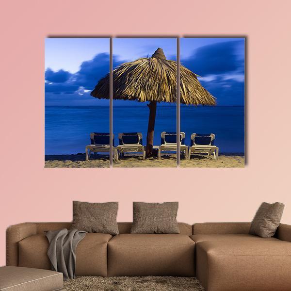 Beach Chairs Under Umbrella Canvas Wall Art-3 Horizontal-Gallery Wrap-37" x 24"-Tiaracle