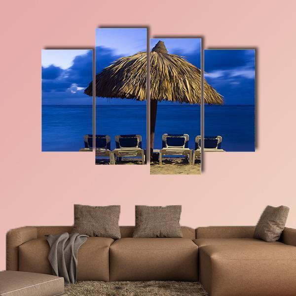 Beach Chairs Under Umbrella Canvas Wall Art-4 Pop-Gallery Wrap-50" x 32"-Tiaracle