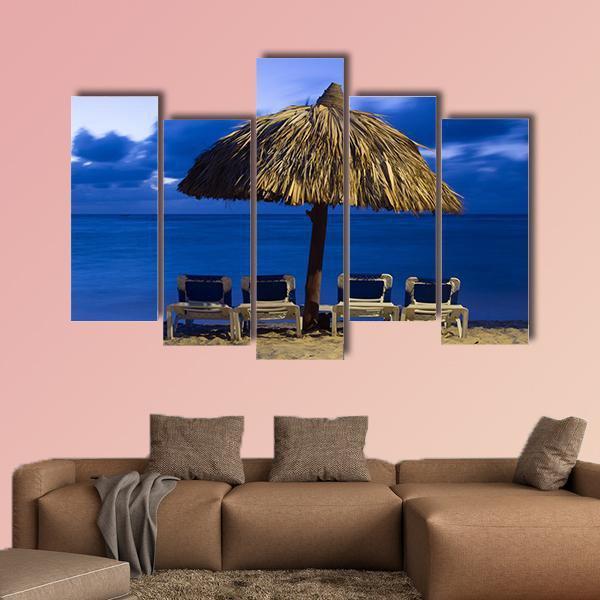 Beach Chairs Under Umbrella Canvas Wall Art-5 Pop-Gallery Wrap-47" x 32"-Tiaracle