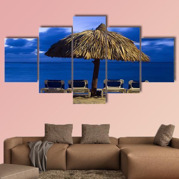 Beach Chairs Under Umbrella Canvas Wall Art-5 Star-Gallery Wrap-62" x 32"-Tiaracle