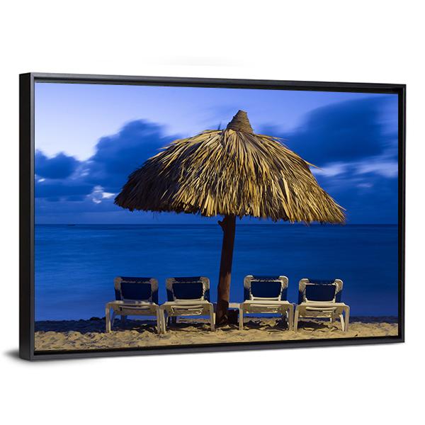 Beach Chairs Under Umbrella Canvas Wall Art-3 Horizontal-Gallery Wrap-25" x 16"-Tiaracle