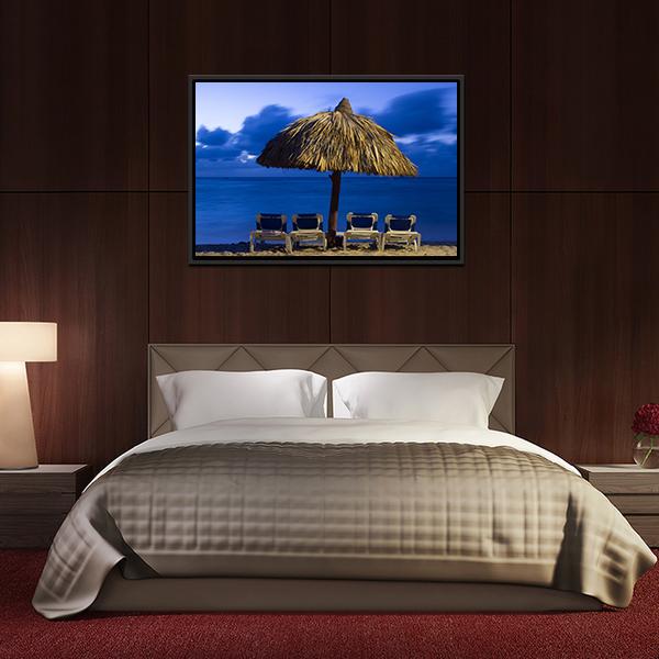 Beach Chairs Under Umbrella Canvas Wall Art-3 Horizontal-Gallery Wrap-25" x 16"-Tiaracle
