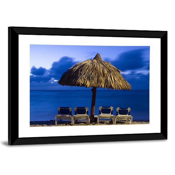 Beach Chairs Under Umbrella Canvas Wall Art-3 Horizontal-Gallery Wrap-25" x 16"-Tiaracle