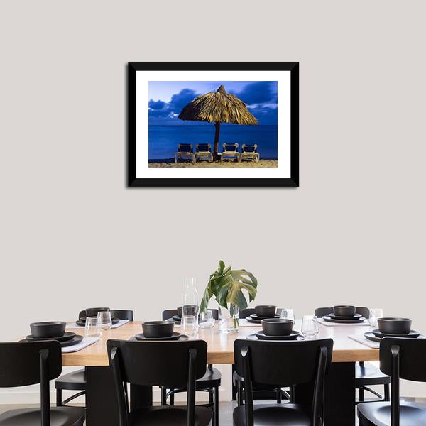 Beach Chairs Under Umbrella Canvas Wall Art-3 Horizontal-Gallery Wrap-25" x 16"-Tiaracle