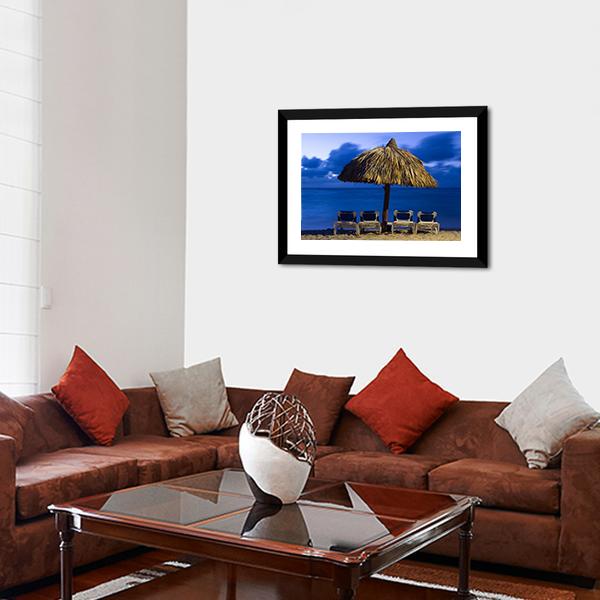 Beach Chairs Under Umbrella Canvas Wall Art-3 Horizontal-Gallery Wrap-25" x 16"-Tiaracle
