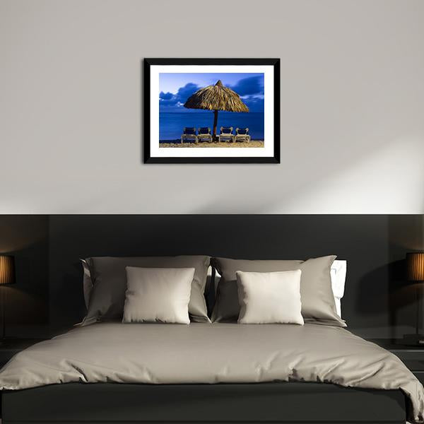Beach Chairs Under Umbrella Canvas Wall Art-3 Horizontal-Gallery Wrap-25" x 16"-Tiaracle