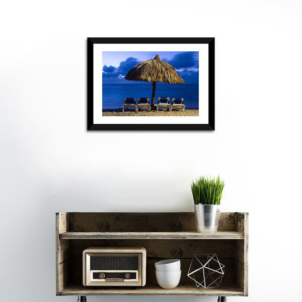 Beach Chairs Under Umbrella Canvas Wall Art-1 Piece-Framed Print-30" x 20"-Tiaracle