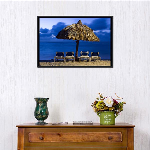 Beach Chairs Under Umbrella Canvas Wall Art-1 Piece-Floating Frame-36" x 24"-Tiaracle