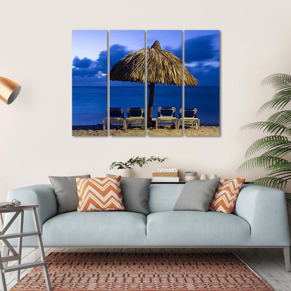 Beach Chairs Under Umbrella Canvas Wall Art-4 Horizontal-Gallery Wrap-34" x 24"-Tiaracle