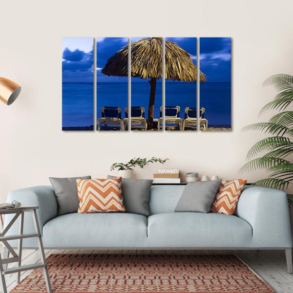Beach Chairs Under Umbrella Canvas Wall Art-5 Horizontal-Gallery Wrap-22" x 12"-Tiaracle