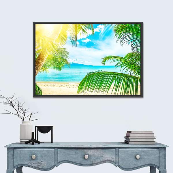 Beach From Palm Trees Canvas Wall Art-1 Piece-Floating Frame-24" x 16"-Tiaracle