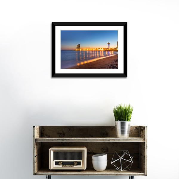 Beach in Barcelona Canvas Wall Art-1 Piece-Framed Print-20" x 16"-Tiaracle