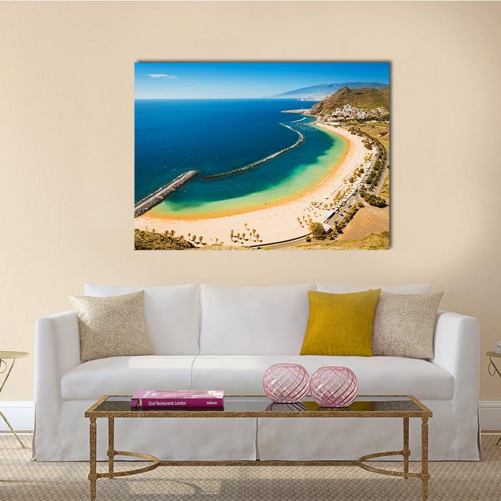Las Teresitas Beach Canvas Wall Art in beige, yellow and blue, single panel hung on a wall