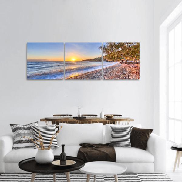 Tamarisk Tree Near Beach Panoramic Canvas Wall Art in brown, orange and blue, hung on a wall