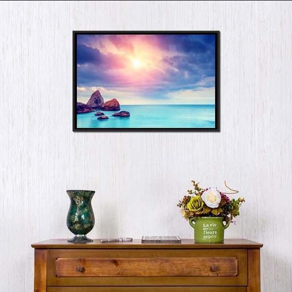 Black Sea Dramatic Scene Canvas Wall Art-1 Piece-Floating Frame-24" x 16"-Tiaracle