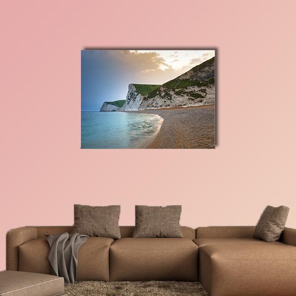 Jurassic Coast White Cliffs at Sunset Canvas Wall Art in white, brown and blue, single panel hung on a wall