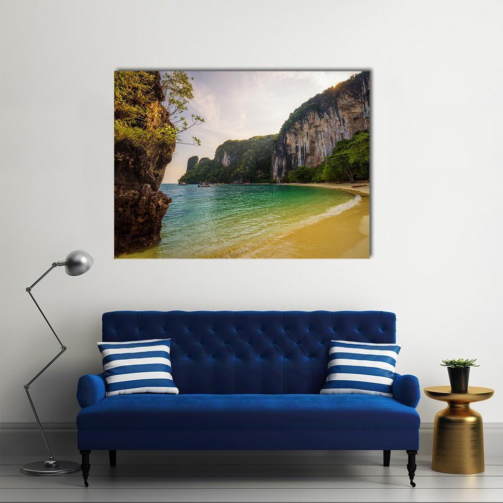 Tropical Beach with Turquoise Water Canvas Wall Art in yellow, green and blue, single panel hung on a wall