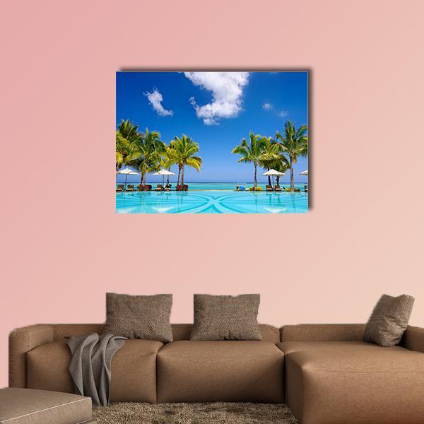 Mauritius Beach Resort with Curved Pool Canvas Wall Art in white, green and blue, single panel hung on a wall