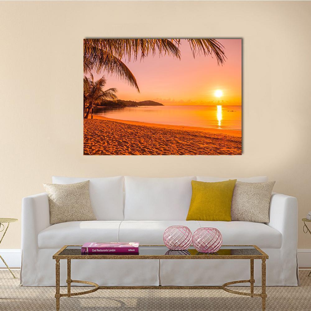 Beach At Sunrise Time Canvas Wall Art-1 Piece-Gallery Wrap-48" x 32"-Tiaracle