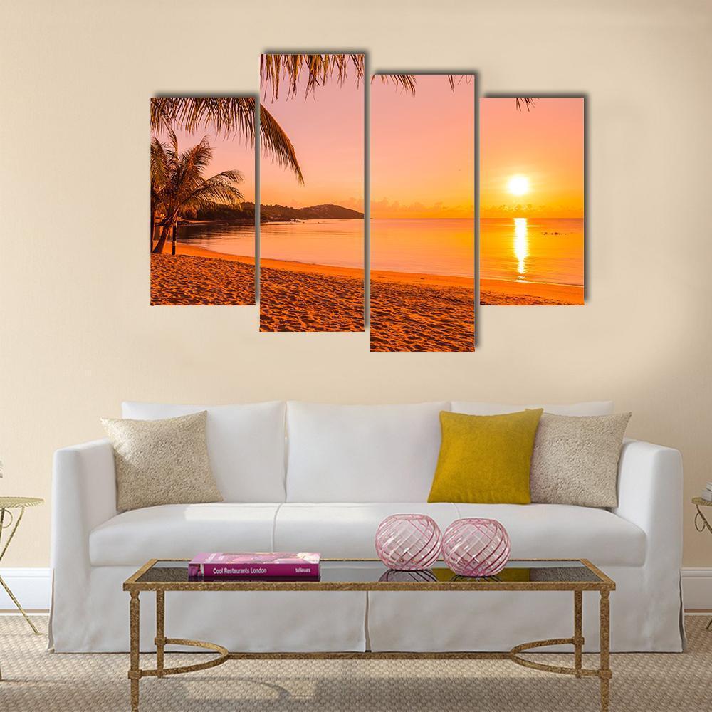 Beach At Sunrise Time Canvas Wall Art-4 Pop-Gallery Wrap-50" x 32"-Tiaracle