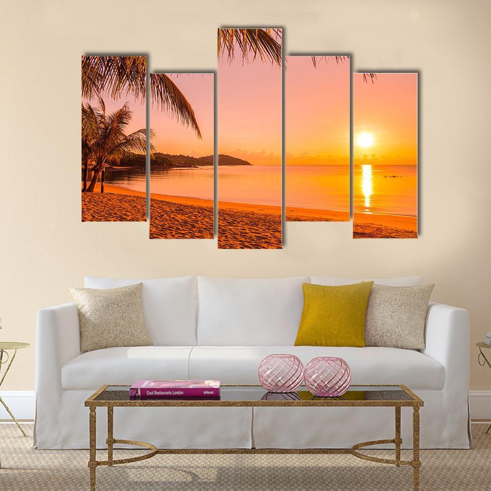 Beach At Sunrise Time Canvas Wall Art-5 Pop-Gallery Wrap-47" x 32"-Tiaracle