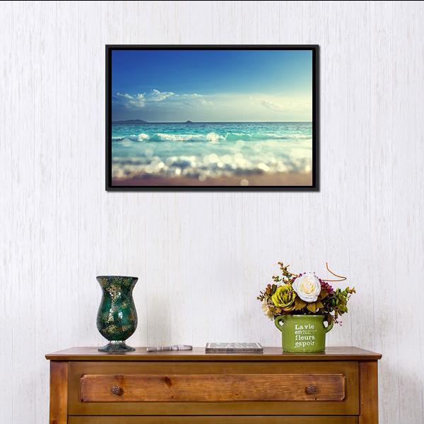 Beach Under Blue Sky Canvas Wall Art-1 Piece-Floating Frame-24" x 16"-Tiaracle