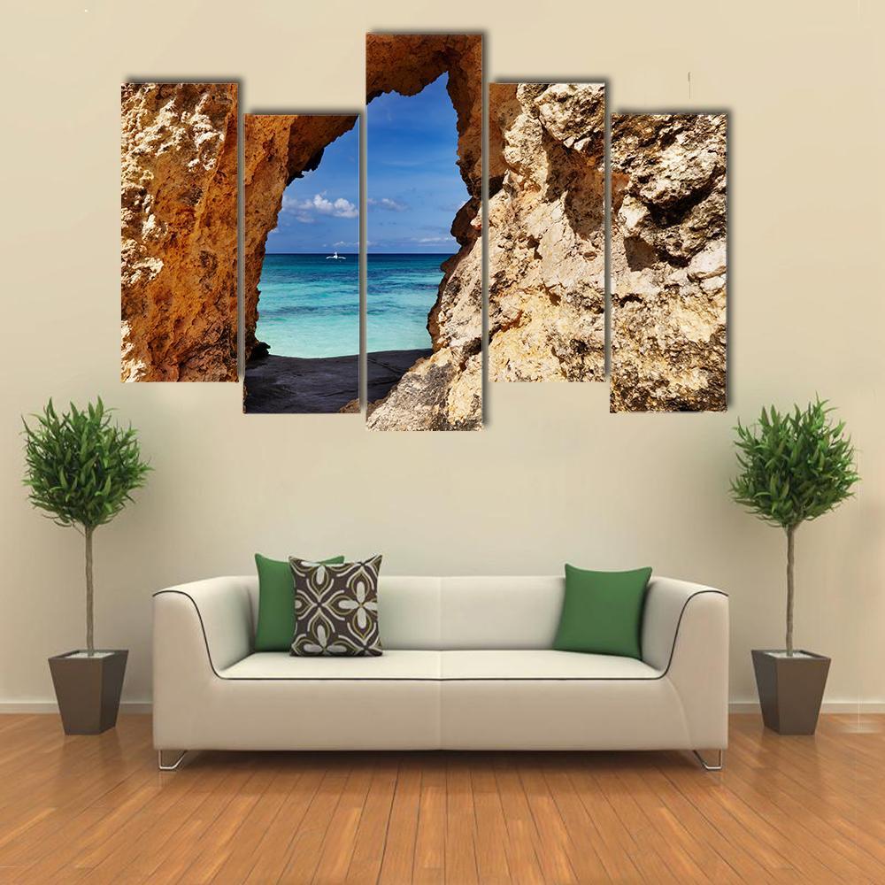 Beach Through Hole In Rock Canvas Wall Art-5 Pop-Gallery Wrap-47" x 32"-Tiaracle