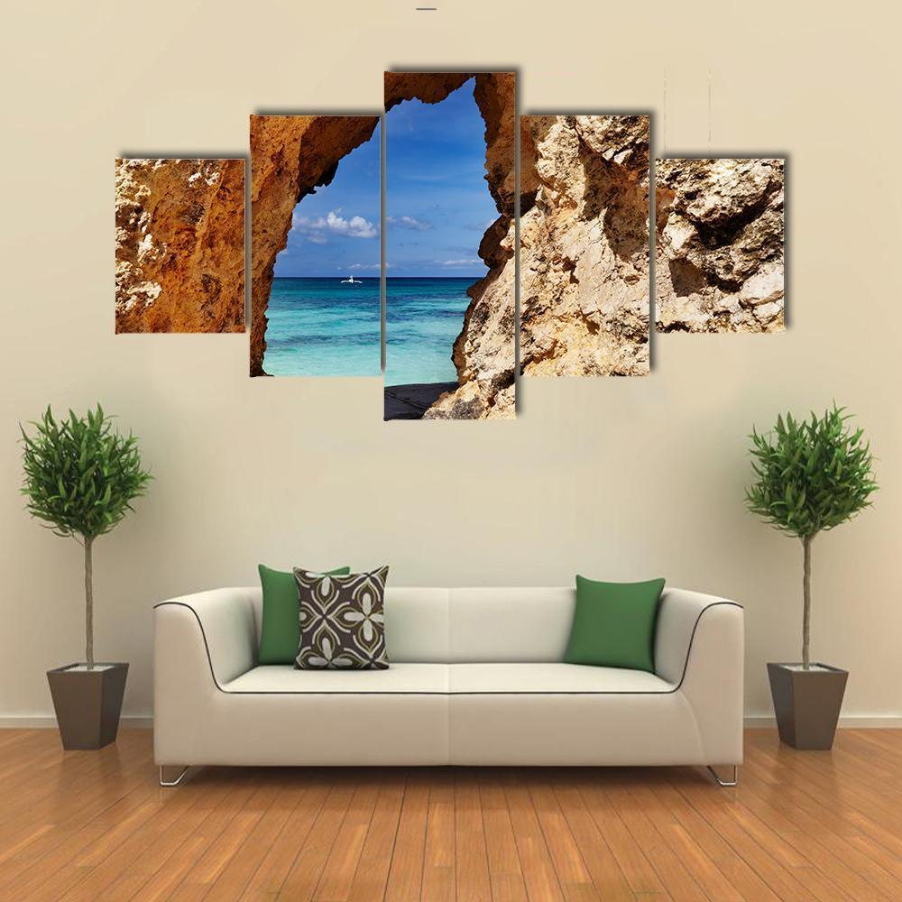 Beach Through Hole In Rock Canvas Wall Art-5 Star-Gallery Wrap-62" x 32"-Tiaracle