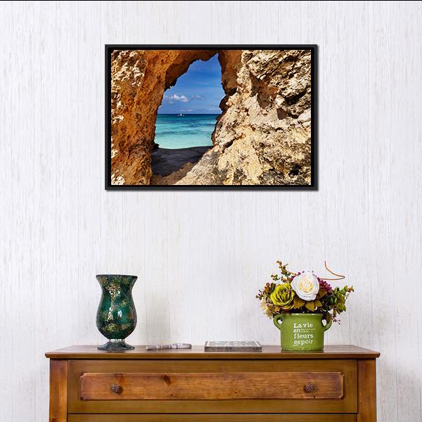 Beach Through Hole In Rock Canvas Wall Art-1 Piece-Floating Frame-24" x 16"-Tiaracle